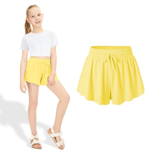 Girls Flowy Athletic Shorts 2 Packs Butterfly Shorts for Kids with Pocket 2-in-1 Tennis Shorts Running Shorts for Girls