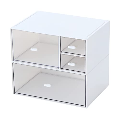 Marknor Desk Organizer with 4 Drawers, Makeup Organizer, Plastic Sundries Storage, Vanity Organizer, Cosmetic Storage Organizer, Desk Storage Box, Bathroom Counter or Dresser, White (CD-QBH-01)