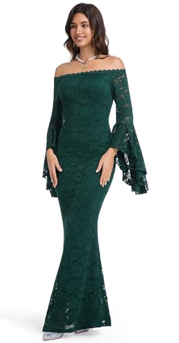 Image of HOYISHION Women's Off The Shoulder Floral Lace Maxi Dress White Bridesmaid Wedding Party Maternity Photoshoot Long Dresses