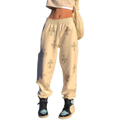 Mayber Damen Y2k Grafik Baggy Hosen Elastische Taille Jogginghosen Jogger Yoga Trainingshosen Aktivhosen Activewear mit Taschen (B-Weiß A, S) Cover