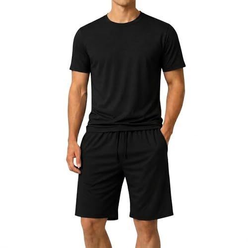 #followme Men's Stretch Jersey 2-Piece Pajama Short Set, Crew Neck Tee and Two Pocket Shorts, Black, Medium