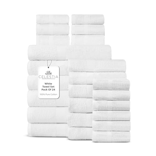 Image of Villa Celestia 24-Piece 100% Cotton Towel Set, 6 Bath Towels, 6 Hand Towels, 12 Wash Cloth, Quick-Dry, White