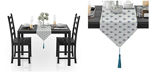 Chemin de table en coton bleu 30x240 cm avec pompons pour table rectangulaire