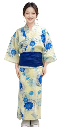 Dita ENSHU Traditional Cotton Women\'s Yukata Robe (japanese casual kimono) Easy Wearing (Yukata, Obi, Koshihimo) set3 (TYPE 11, One Size)