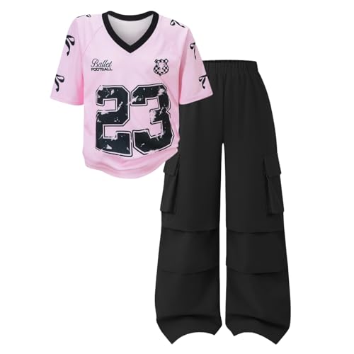 Image of Tween Girls Clothes Short Sleeve Graphic T-Shirt Top + Cargo Pants 2pcs Outfit Set, Size 7-15Years