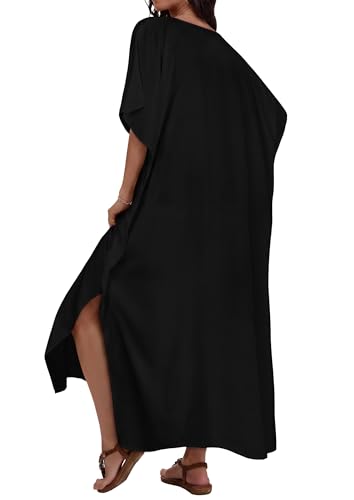 Image of Runwind Plus Size Maxi Dress for Women Short Sleeve V Neck Casual Long Dresses with Pockets
