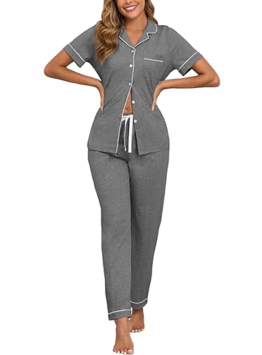 Image of Veseacky 100% Cotton Pajamas for Women Set Short Sleeve Button Down Sleepwear Soft 2 Piece Summer Pjs Lounge Sets S-XXL
