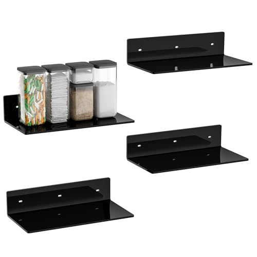 Image of 12 Inches Black Wall Shelves Set of 4, Acrylic Floating Shelf for Wall, Wall Mounted Display Shelf for Bedroom, Living Room, Funko Pop Shelves, Smart Speaker, 4 Pack