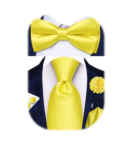 Hi-Tie 5Pcs Mens Solid Yellow Color Silk Tie Satin Pretied Bowtie Lapel Pin for Men Handkerchief Cufflink Wedding Gift Box