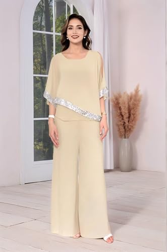2 Piece Mother of The Bride Pantsuits for Wedding with Sleeves Sequin Chiffon Formal Evening Gown Outfits2