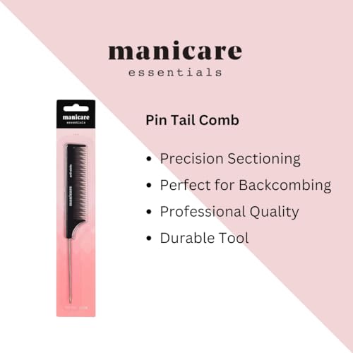 Manicare Pin Tail Comb For Sectioning And Styling, Metal-Pin Tail Comb, Fine Tooth Parting Comb, Needle Handle Lifts And Teases, Anti-Static, Reduces Breakage, Pulling And Gentle On Hair And Scalp