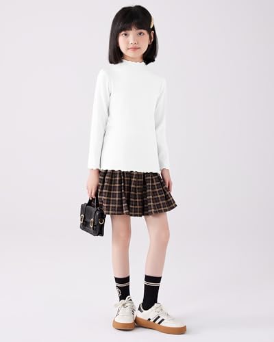 Image of ACESTAR Girls Solid Lettuce Trim Mock Neck Shirt Long Sleeve Slim Fit Ribbed Knit Tee Ruffle Tops Soft Base Layer