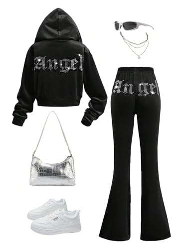 SHENHE Girl's Velour Tracksuit 2 Piece Outfits Rhinestone Zip Up Hoodie Flare Pants Set Sweatsuit2