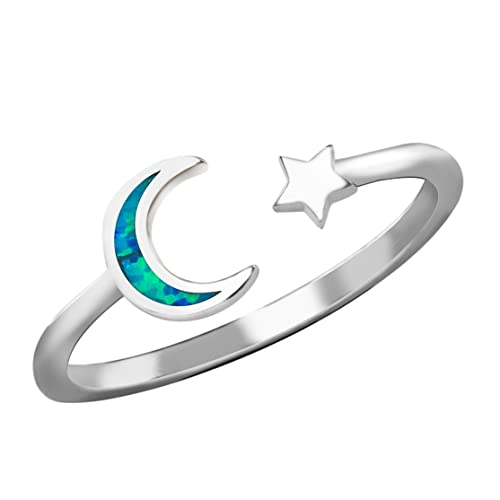 925 Sterling Silver Blue Opal Moon and Star Wedding Ring Eternity Band, Nickel Free Hypoallergenic for Sensitive Skin, Galaxy Sky Space Jewelry with Gift Box