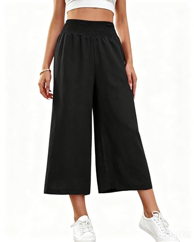 Cegerne Pantalón Lino Mujer 3/4 Culotte Pierna Ancha Bolsillos Transpirable Pantalón Capri Casual Verano, Negro, L