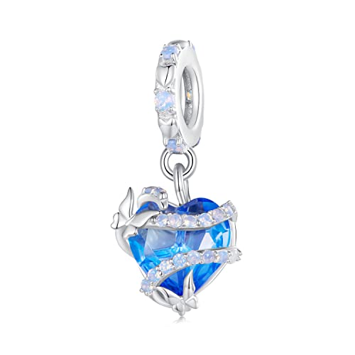 Dream Magic Love Blue Heart Charms con farfalla, in argento sterling 925, con ciondolo a forma di cuore, idea regalo per braccialetti Pandora, Argento sterling