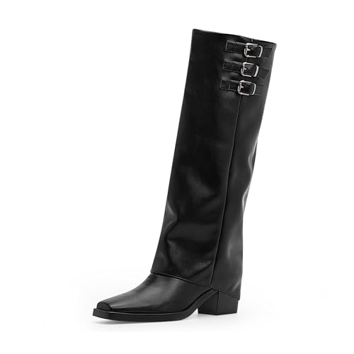 Women's Block High Heel Square Toe Buckle Strap Fold Over Knee High Boots