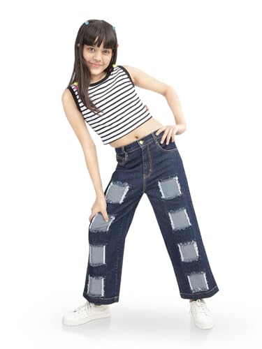 Image of olele Girls Super Jeans Collection for 4-14 Yrs | Stretchable Cotton Denim Trousers | Blue Jeans for Kids | Baggy Denim Pants | Cargo Pants for Girls