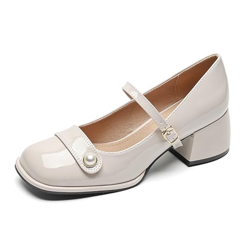 Women's Patent Leather Pearl Monk Strap Chunky Heel Mary Janes Fashion Square Toe Ankle Strap Mid Block Heel Business Formal Pumps Grace Wedding Prom Party Dress Shoes