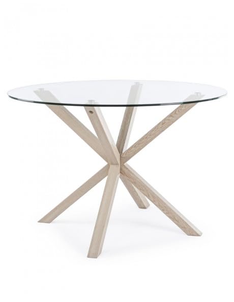 Yellowshop | Tavolo Tondo YAM Ø114 cm – Piano in Vetro Temperato e Struttura in Acciaio Effetto Legno, Design Moderno per Sala da Pranzo e Soggiorno