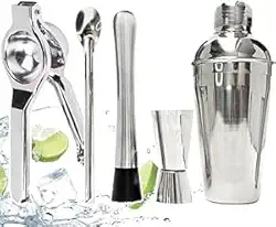 Kit Caipirinha Profissional, 750ml, Kit Coqueteleira 5 Peças em Aço Inox, Shaker com Medidor e Acessórios para Bar