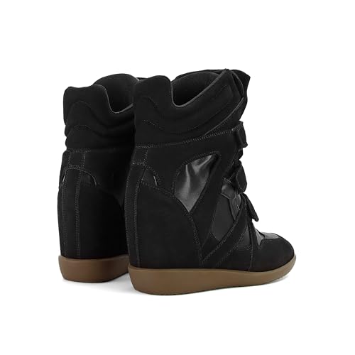 Image of Wedge Sneakers for Women Heels Suede Hook and Loop High Heel Tennis Round Toe Triple Strappy Band Casual Vintage Fashion Dressy Comfy Campus Trendy Retro Sneaker