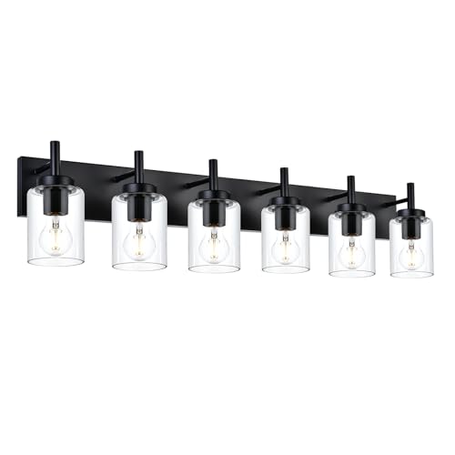 Image of BONLICHT 6 Light Bathroom Lighting Over Mirror with Clear Glass Shade, Modern Black Vanity Light Fixture Industrial Kitchen Wall Lights Farmhouse Wall Sconce Lamp for Hallway Dining Room Living Room