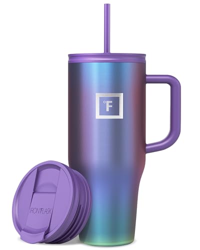 IRON °FLASK Co-Pilot Insulated Mug w/Straw & Flip Cap Lids - Cup Holder Bottle for Hot, Cold Drink - Leak-Proof - Water, Coffee Portable Travel Mug - Aurora, 32 Oz