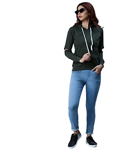 Image of JUNEBERRY Cotton Blend Fleece Regular Fit Elbow Cut Full Sleeve Stylish Hooded Neck Sweatshirt for Women & Girls (JB W208 Olive)
