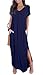 GRECERELLE Women's Maxi Dress Summer Casual Loose Side Split Short Sleeve V Neck Long Dresses with Pockets, Navy Blue, X-Large