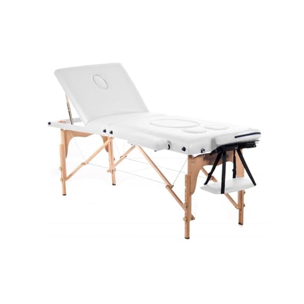 QUIRUMED Table de Massage Grossesse Pliable, 194 x 70 cm, Blanc, Bois, Simili-Cuir, Trou pour barrière, Trou du Visage, tête Amovible, jusqu'à 150 kg
