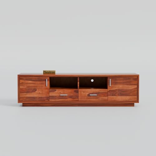 Image of Premium Solid Sheesham Wood TV Unit with 2 Drawers, 2 Shelves, and 2-Door Storage - Accommodates up to 65-Inch TV - Ideal for Living Room (Crimson, Honey Finish)