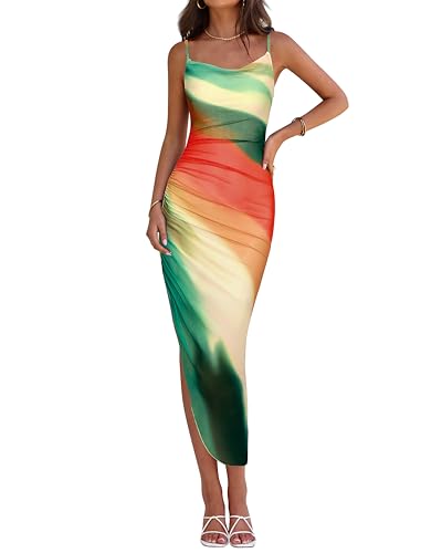 Image of PRETTYGARDEN Women 2025 Summer Mesh Dress Spaghetti Strap Cowl Neck Print Ruched Bodycon Dresses Asymmetrical Long Dress
