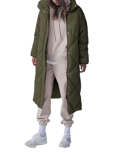 Tankaneo Women’s Army Green Quilted Puffer Jacket - Cozy Long Winter Coat with Pockets
