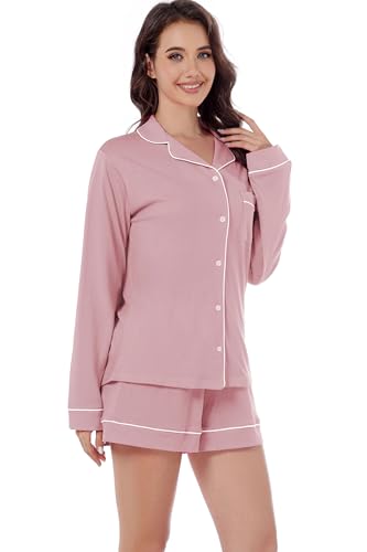 Image of LUBOT 100% Cotton Pajamas for Women 2PC PJ Set Womens Soft Long Sleeve Button-Down Shirt Two Piece Set Sleepwear Loungewear Night Suit (Ash Pink, 2XL)