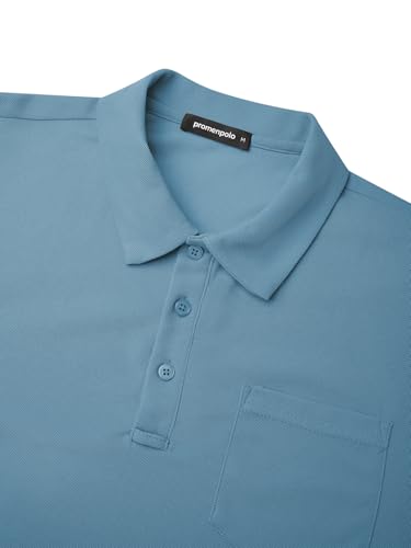 Promen polo Men's Classic Long Sleeve Polo Shirts Casual Lightweight Solid Golf Shirts with Pocket Blue M — view 5