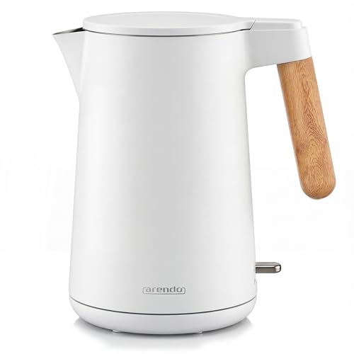 Arendo - Wasserkocher Edelstahl 1 5 Liter - 2200 Watt Doppelwand-Design 360 Controller BPA-frei Überhitzungs- und Trockengehschutz - Weiß Matt - GS geprüfte Sicherheit