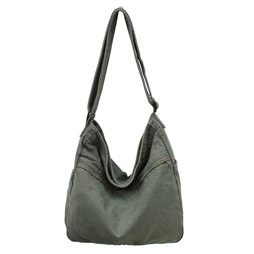Image of Cotton Tote Handbag Women Canvas Crossbody Beach Bag Hobo Shoulder Tote Bag with 3 External Pocket,Zipper Closure