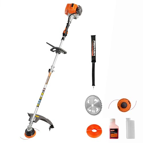 PROYAMA 25.4CC Gas Weed Wacker Eater, 2-Cycle Powerful Brush Cutter, String Trimmer with Easy Spool Trimmer Head, 17in Cutting Path with 40T Alloy Blade & Shoulder Straps for Yard Garden Care