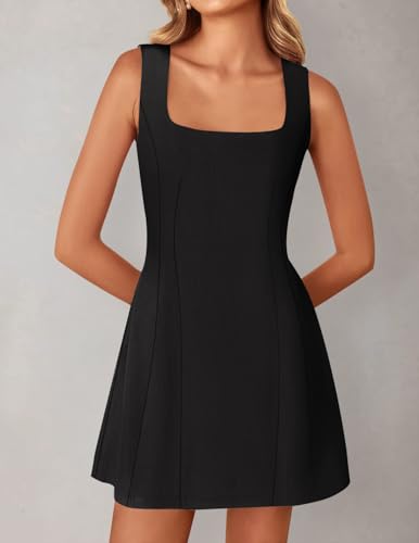 ZESICA Women's 2025 Summer Sleeveless Tank Mini Dresses Square Neck A Line Flare Party Short Dress2