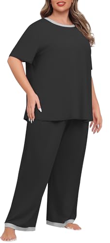 Lastshe Womens Plus Size Pajama Set 2 Piece Short Sleeve Pants Sleepwear Pjs Lounge Set Knit Soft with Pockets3