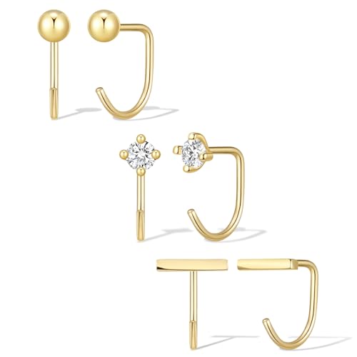 Backless Half Hoop Earrings for Women 14K Gold Plated CZ Bar Ball Charms