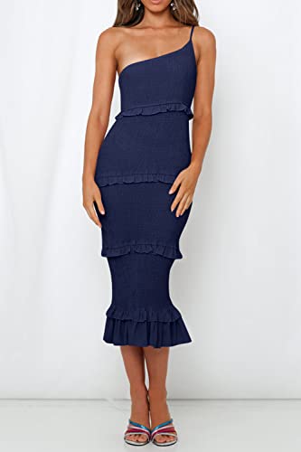 Image of PRETTYGARDEN Women's Summer Midi Bodycon Dresses One Shoulder Strappy Tiered Ruffle Floral Boho Sun Dress