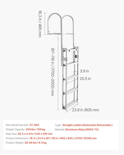 Image of VEVOR Retractable Dock Ladder, 5 Steps, Aluminum Alloy Pontoon Boat Swim Ladder, with Non-Slip Wide Steps, 350 lbs Weight Capacity, Adjustable Height, for Lake Swimming, Pool, Boat, Marine Boarding