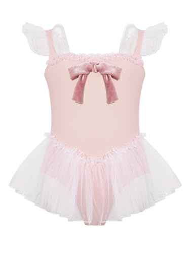 Alvivi Vestido Ballet con Tul para Niña con Mangas Voladas y Lazos Maillot de Danza Clásica Maillot de Gimnasia Rítmica Vestido de Baile Rosa B 11-12 años