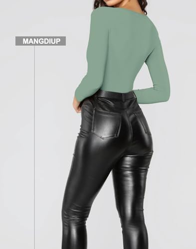 MANGDIUP Women's Essential Bodysuit - Scoop Neck Long Sleeve Slim Fit Stretch Cotton Spandex Jumpsuit