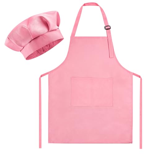 Morcheiong Kochmütze und Schürzen-Set für Kinder: Rosa Kinderschürze und Kochmütze mit 2 Taschen für Koch- Mal- und Backaktivitäten