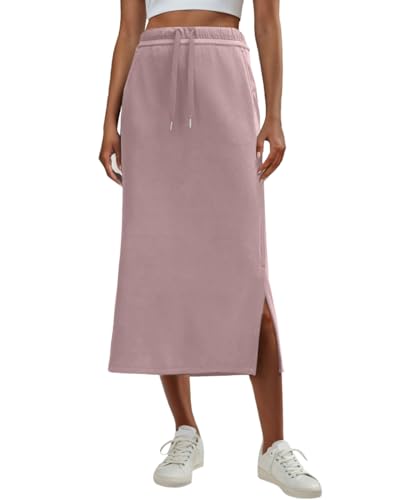 Image of Lepunuo Women's High Waisted Sweat Maxi Skirt with Pockets Slit | Ultra Soft Sweat Fabric, High Waist Drawstring, Deep Phone Pockets, Side Slit for Movement, Ideal for Lounge Travel