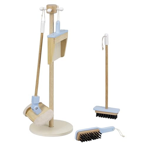 Baroni Toys Juego de Limpieza de Madera, Juego Montessori, 4 Piezas con Soporte, para Niños de 3 a 6 Años, Incluye Escoba, Recogedor, Fregona y Cepillo, Fácil de Montar y Ligero, 17x18x59 cm
