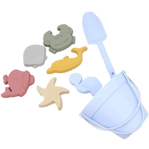 Sylvan Canery Beach Toys for Kids, 9Pcs Silicone Beach Toy Set, Collapsible Beach Bucket, Spade, Crab,Turtle,Star, fish Sand Molds for Beach Party Camping Fun Summer Activities (Blue)